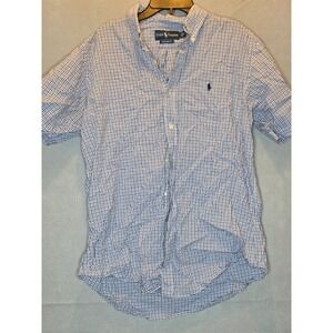 Ralph Lauren Custom Fit Mens Small Blue White Checkered Short Sleeve Button Down